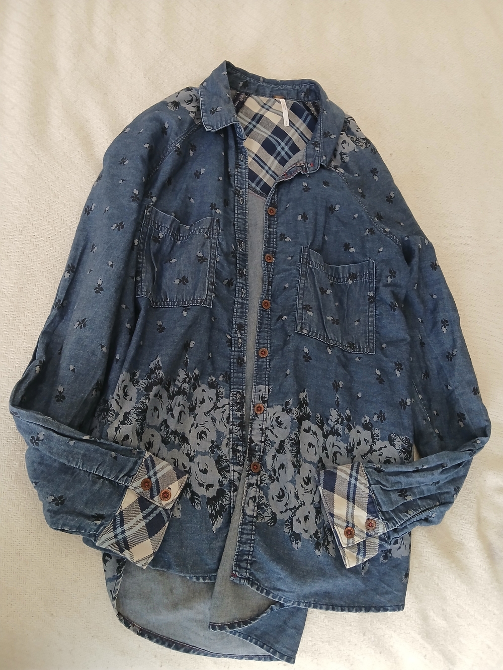 Free People Blue Floral Denim Button-Up Shirt